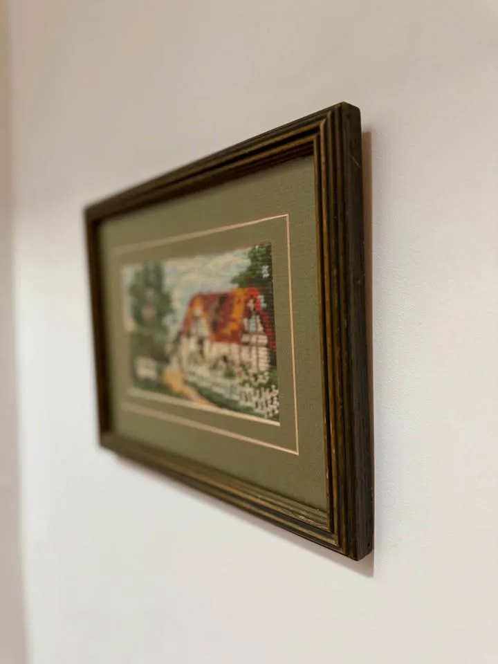 Vintage Framed Needlepoint Art - Cottage House Scene image indicator(4)