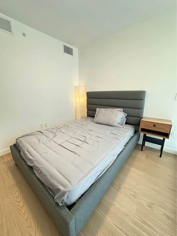Grey upholstered queen bed frame and mattress - photo 2