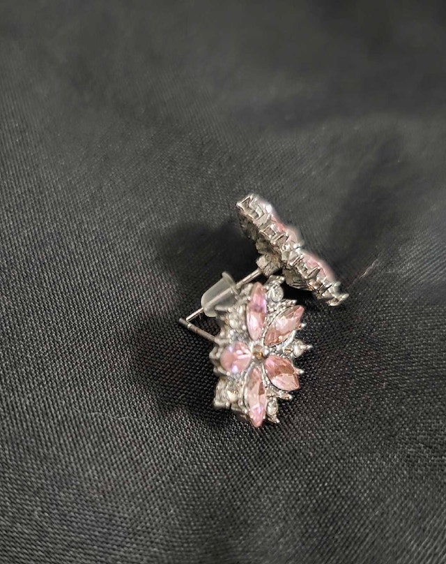 Flower Shape Earrings with Pink and Clear Gems - photo 3