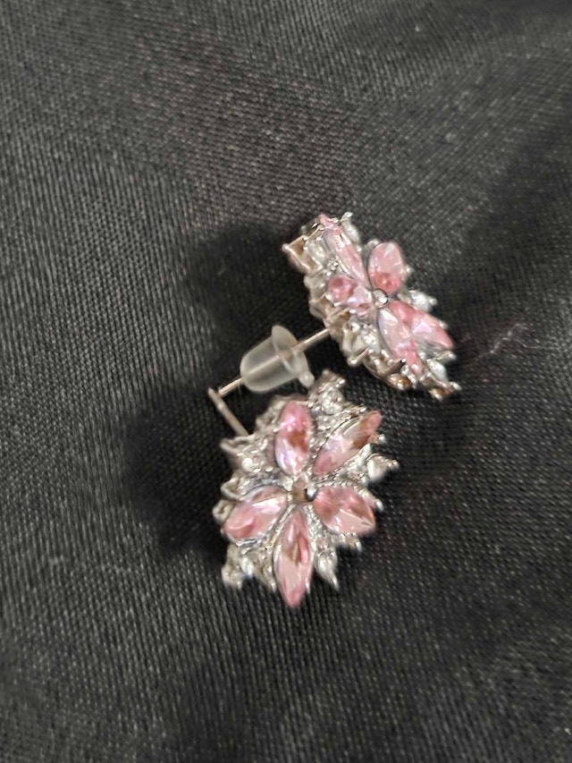 Flower Shape Earrings with Pink and Clear Gems - photo 4