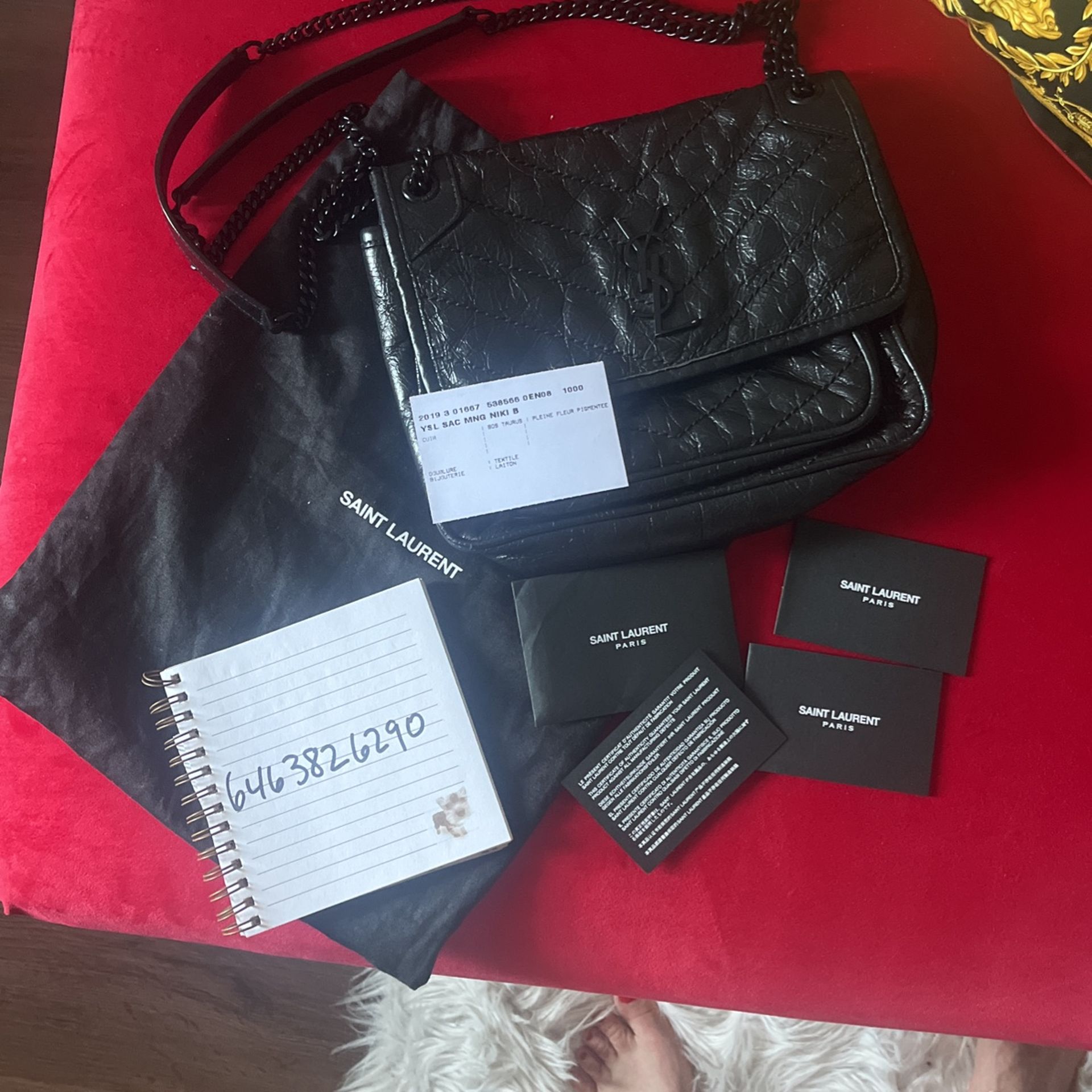 YSL St Laurent Mini Baby Niki Crinkled Leather Bag - Black