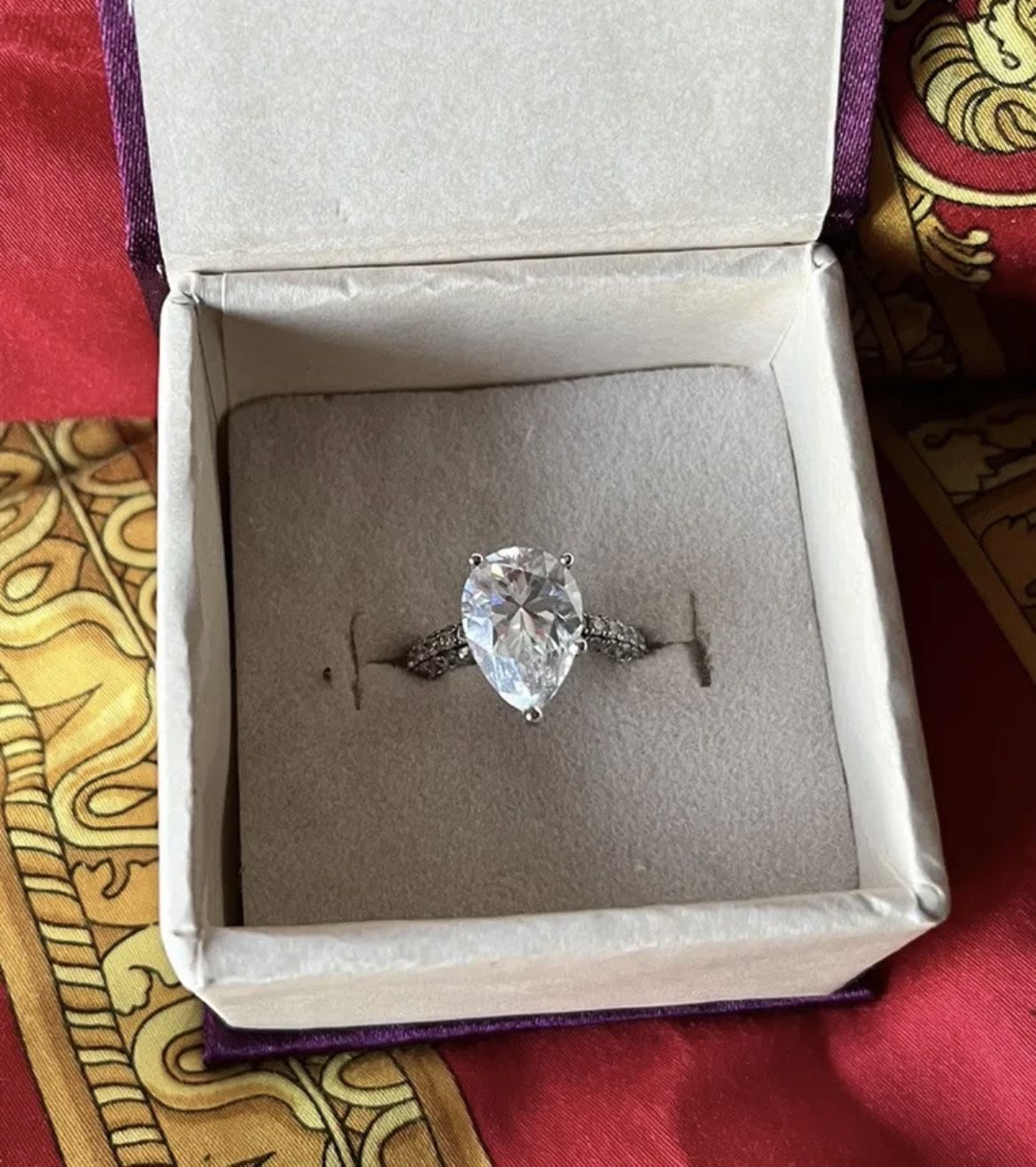 4TCW Pear Cut Moissanite Hidden Halo Engagement Ring Silver Size