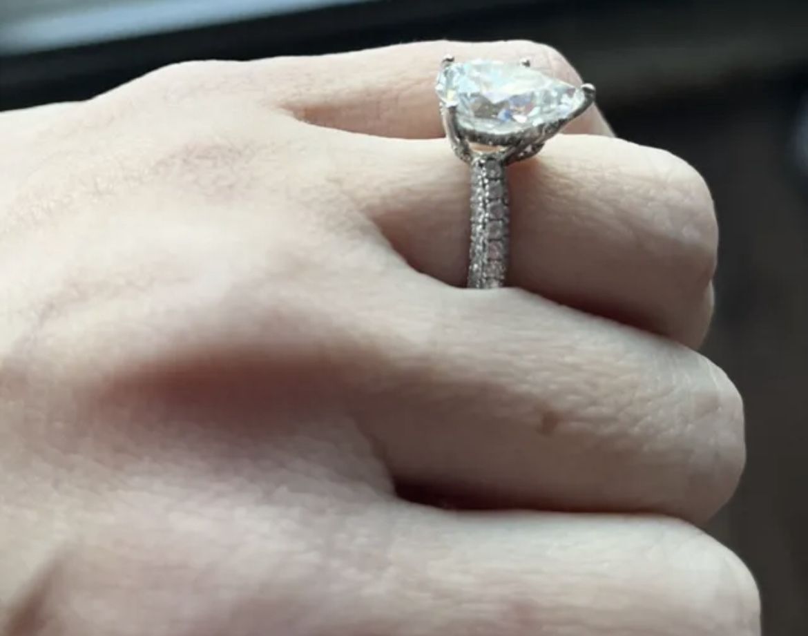 4TCW Pear Cut Moissanite Hidden Halo Engagement Ring Silver Size - photo 4