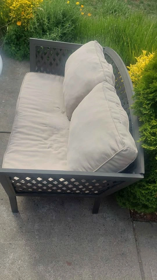 Outdoor Metal Loveseat with Tan Cushions - photo 2