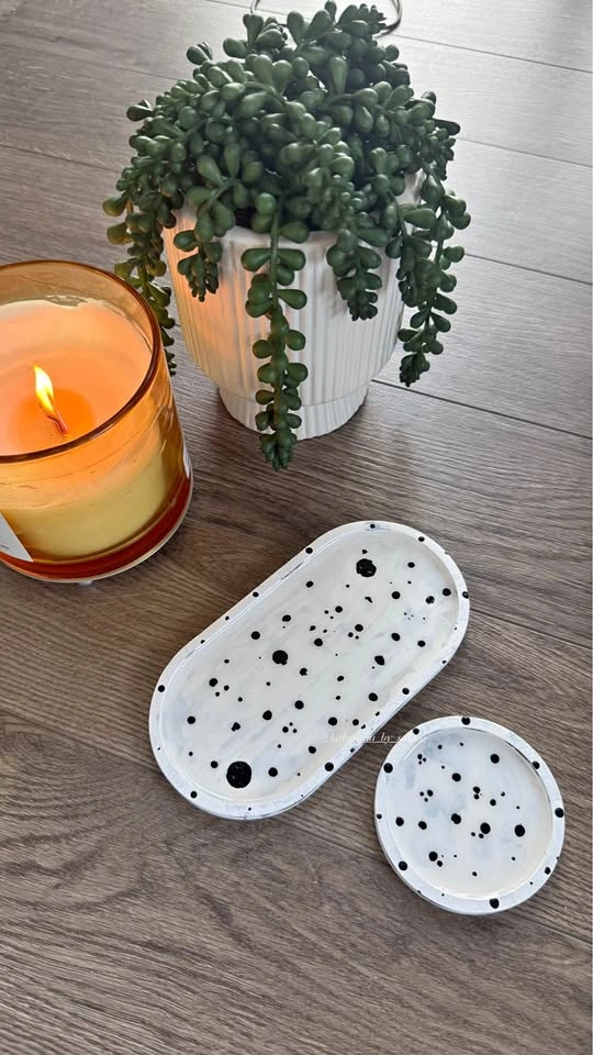 Black and White Polka Dot Jewelry Tray and Coaster Set