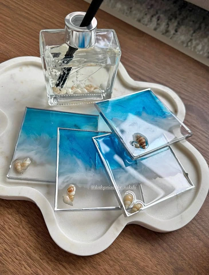 Resin Ocean Coaster Set – 4-Piece Handmade Beach Decor