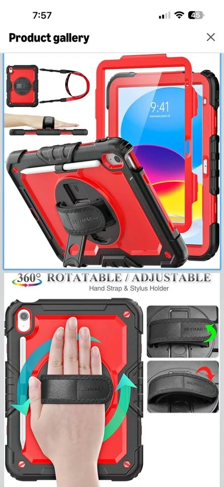 SEYMAC Shockproof iPad 10.2” Case - Red/Black w/ Strap & Stand