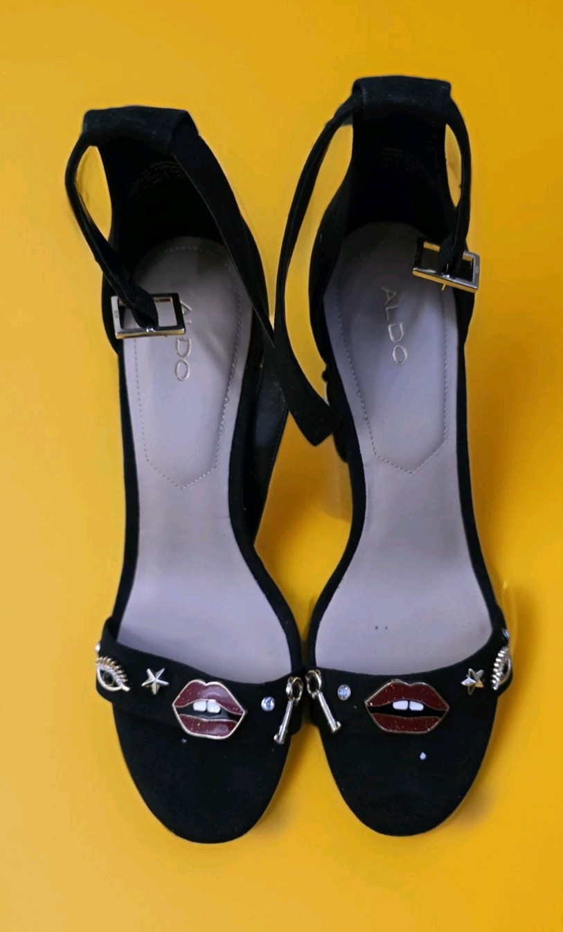ALDO Black Suede Rhinestone Ankle Strap Heels US 9