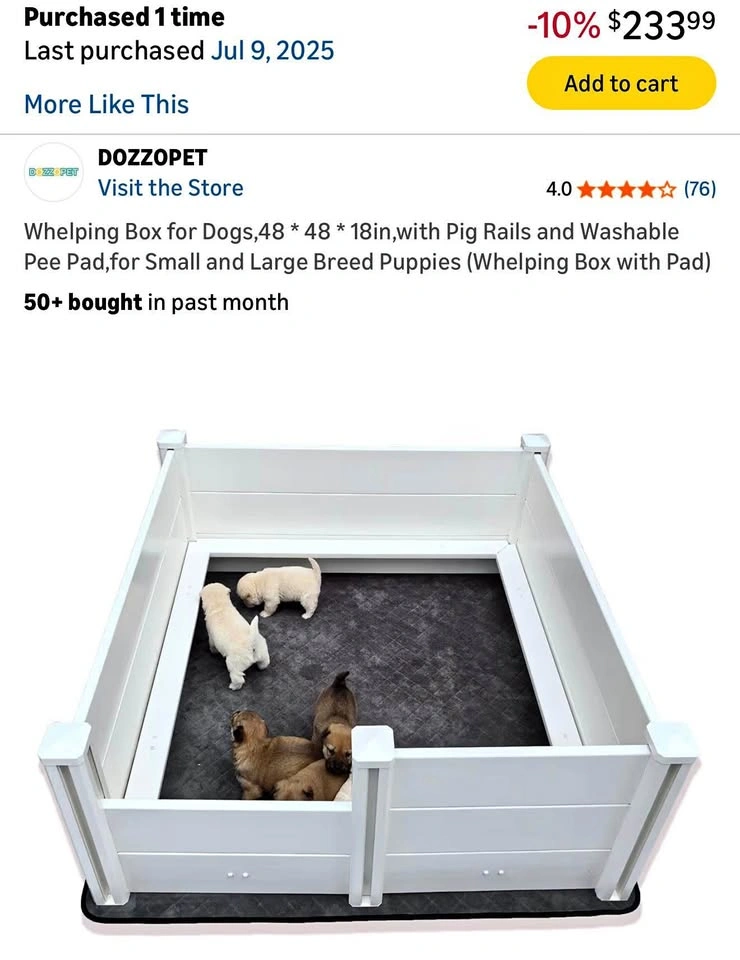 Whelping Box for Dogs, 48x48x18in, with Pig Rails & Pad