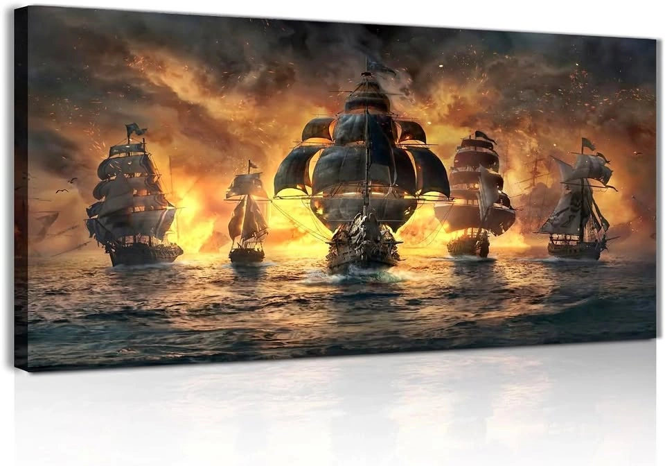 Framed Pirate Ship Wall Art - 40x20" Nautical Canvas