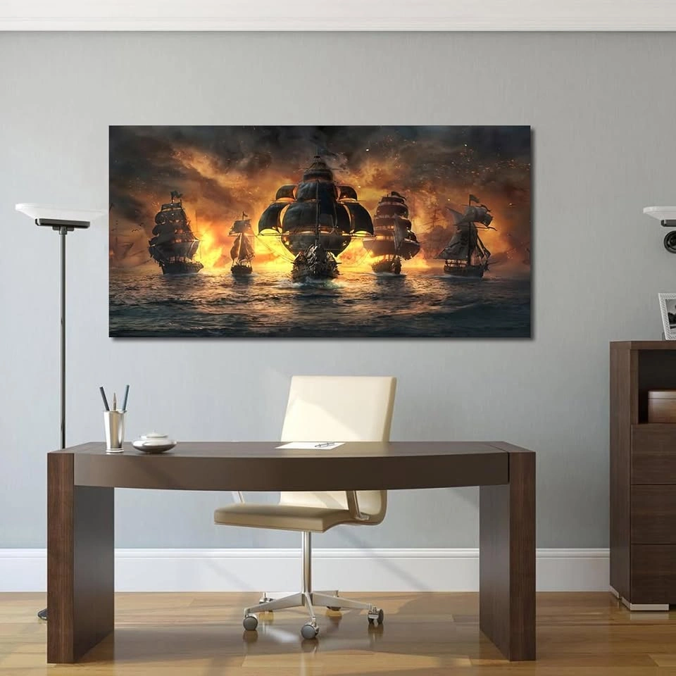 Framed Pirate Ship Wall Art - 40x20" Nautical Canvas - photo 2