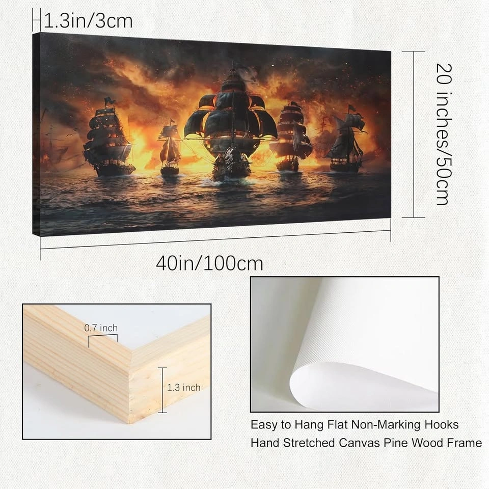 Framed Pirate Ship Wall Art - 40x20" Nautical Canvas - photo 4