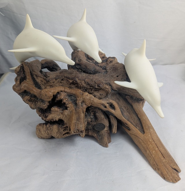 John Perry Large Three Dolphin Sculpture Hand Carved Driftwood B