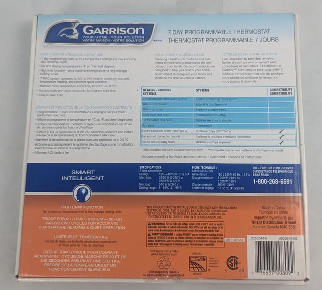 Garrison 7 Day Programmable Thermostat 052-2544-0 New Baseboard - photo 2