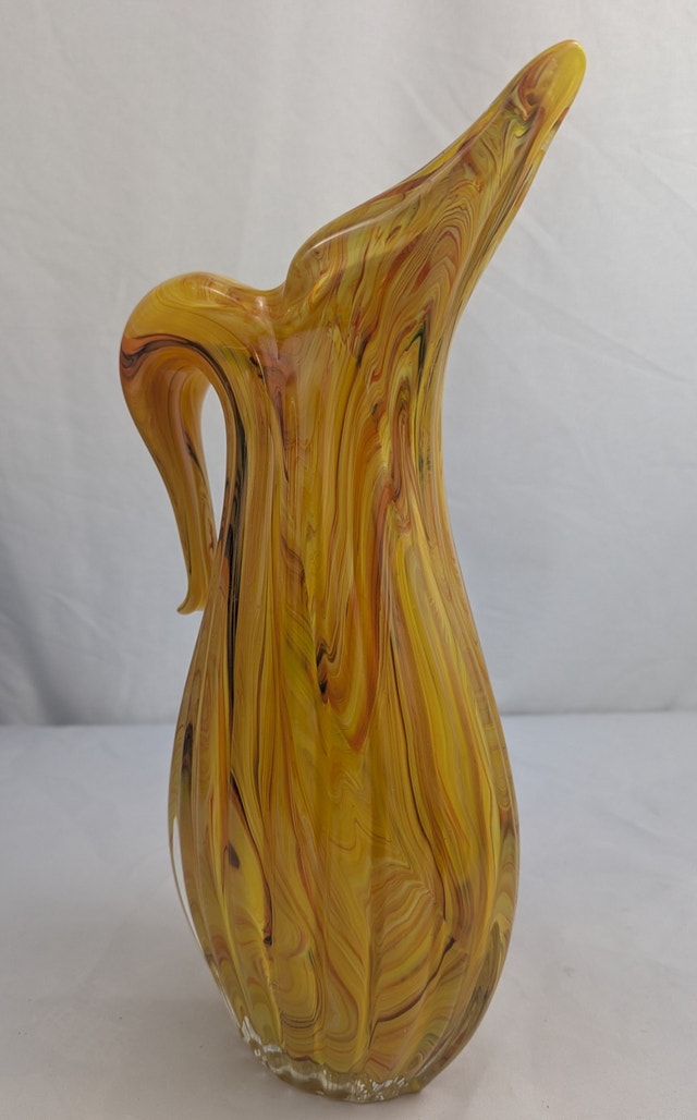 Yellow Orange Brown Hand Blown Glass Vase Pitcher Jug Handle