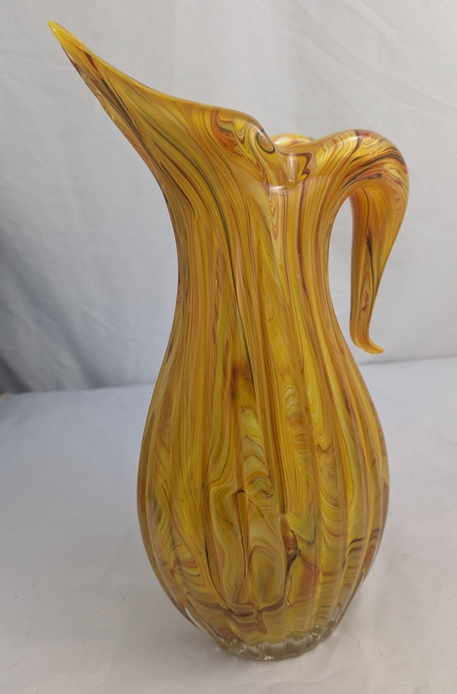 Yellow Orange Brown Hand Blown Glass Vase Pitcher Jug Handle - photo 2