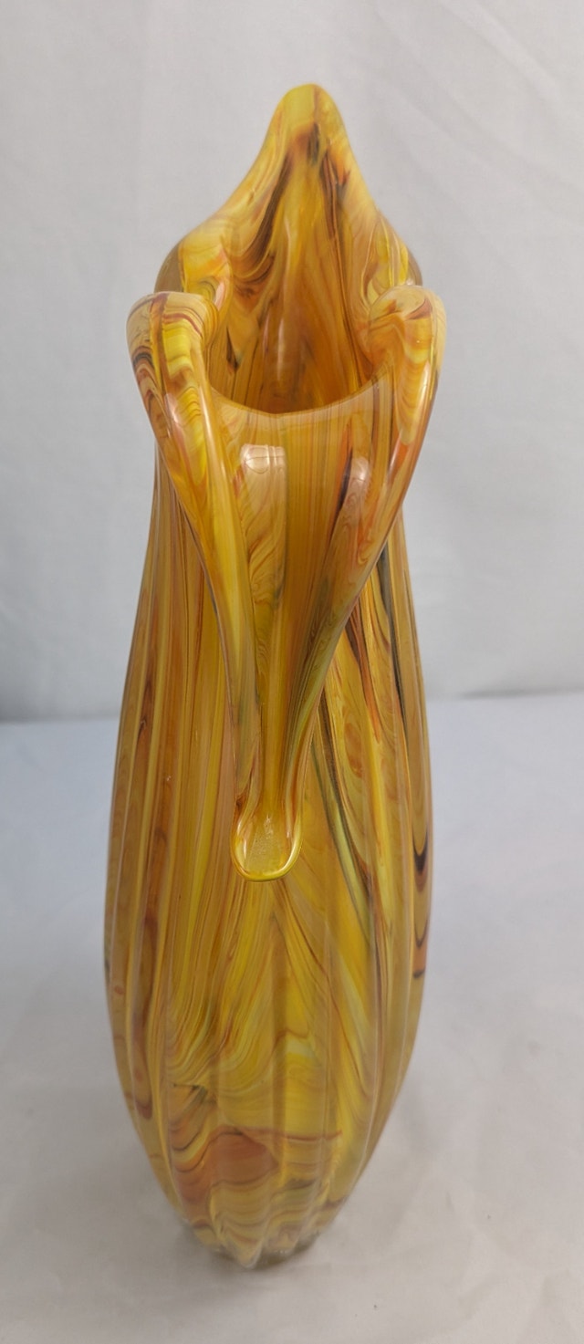 Yellow Orange Brown Hand Blown Glass Vase Pitcher Jug Handle - photo 3