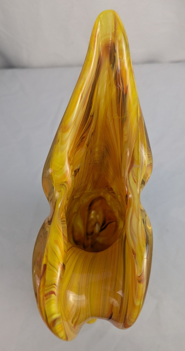 Yellow Orange Brown Hand Blown Glass Vase Pitcher Jug Handle - photo 4