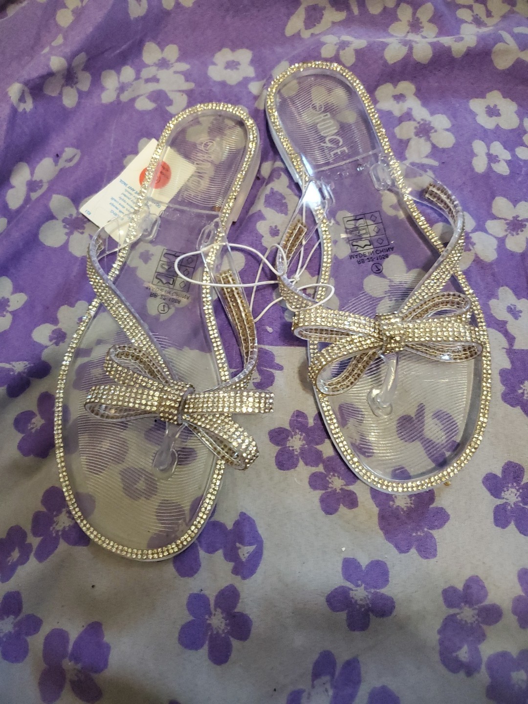 Rogue Flat Sandals Rhinestone Bow Clear Silver Slip Size 7