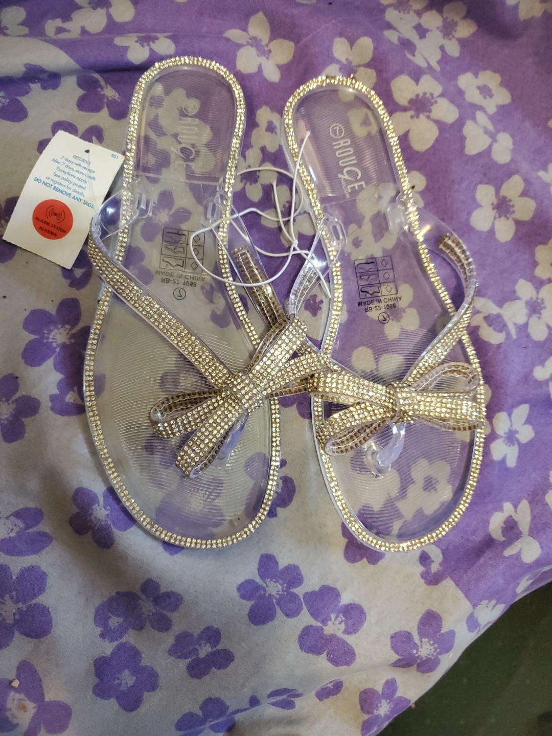 Rogue Flat Sandals Rhinestone Bow Clear Silver Slip Size 7 - photo 4