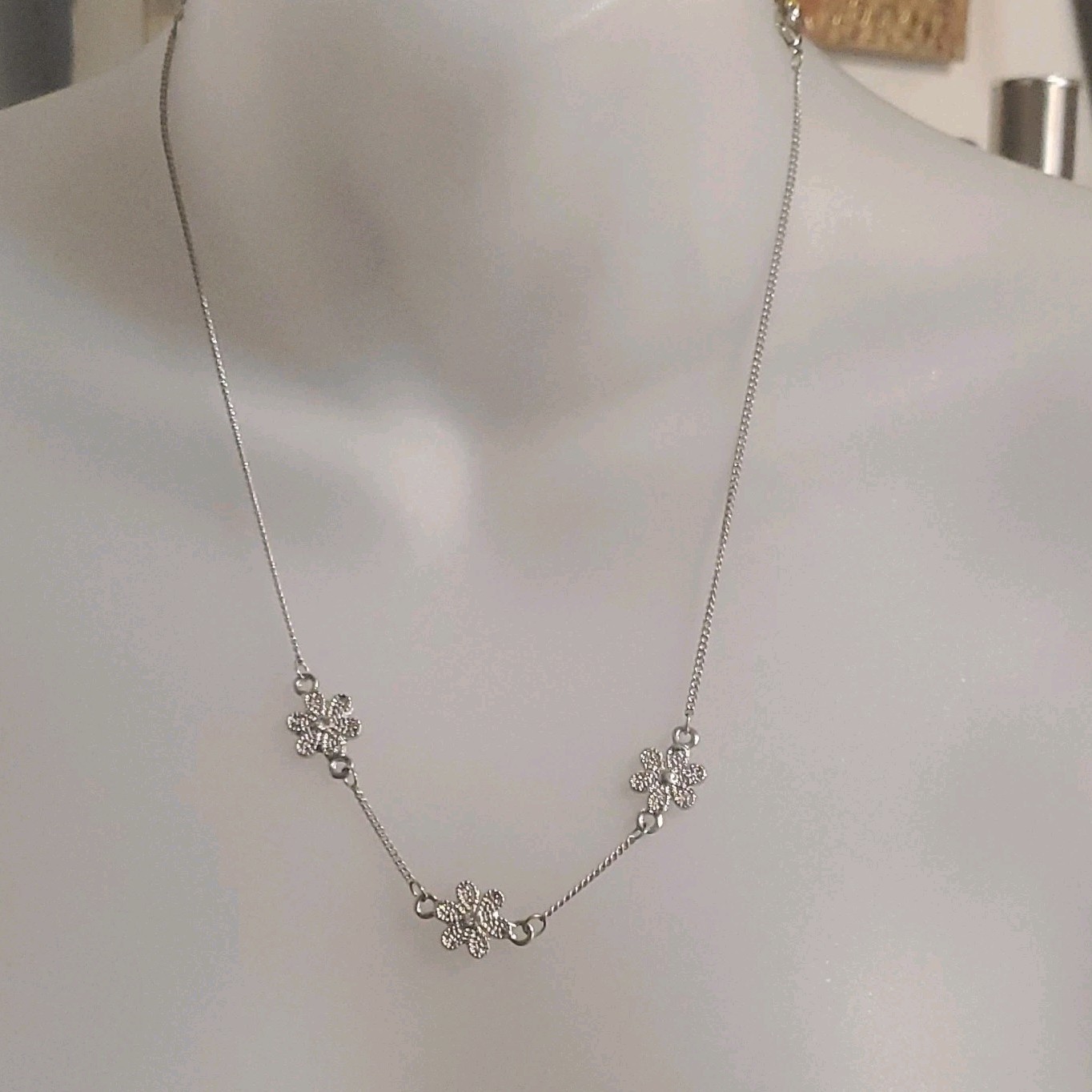 Silver Tone Flower Pendant Station Necklace