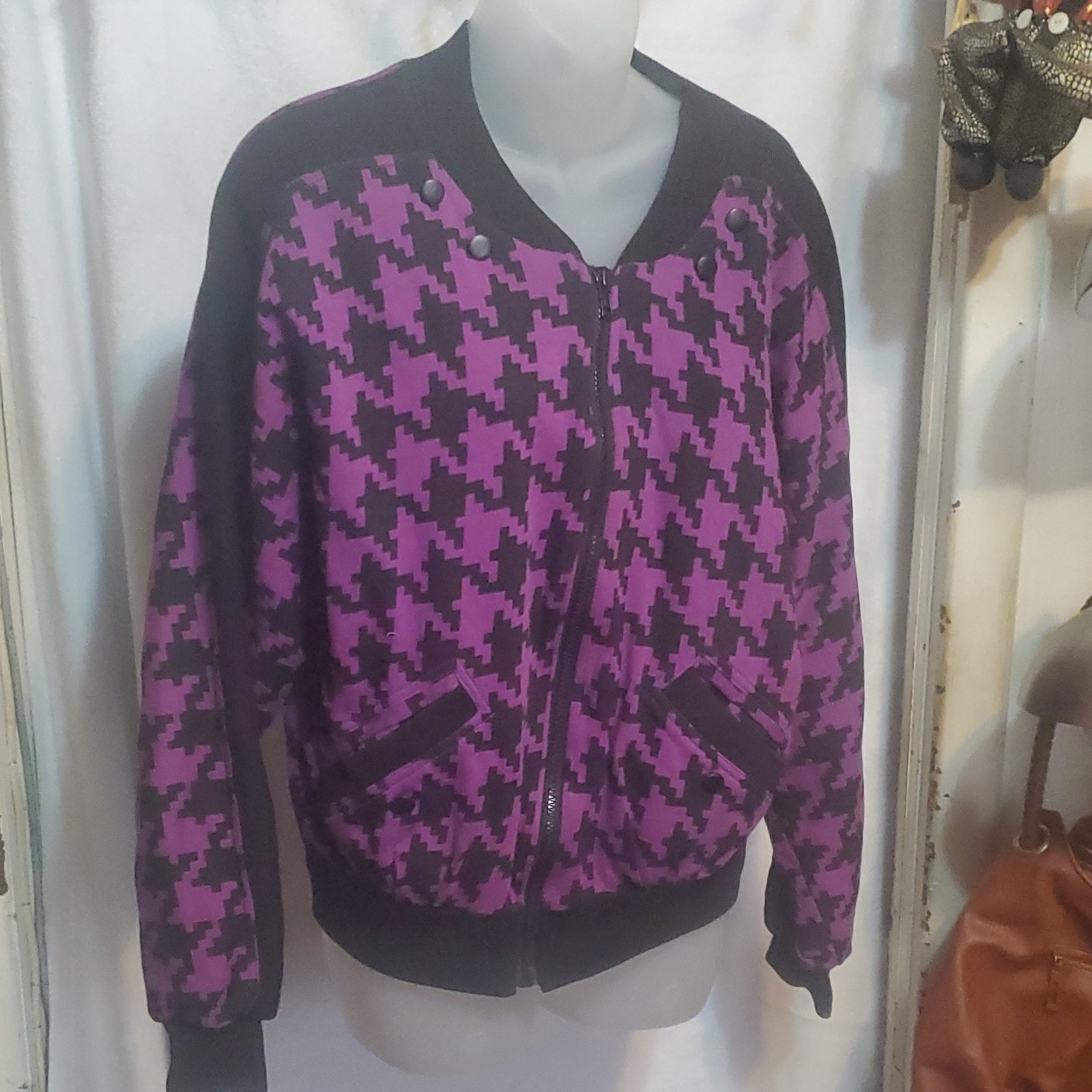 Lyse Spenard Purple Houndstooth Bomber Jacket Women M