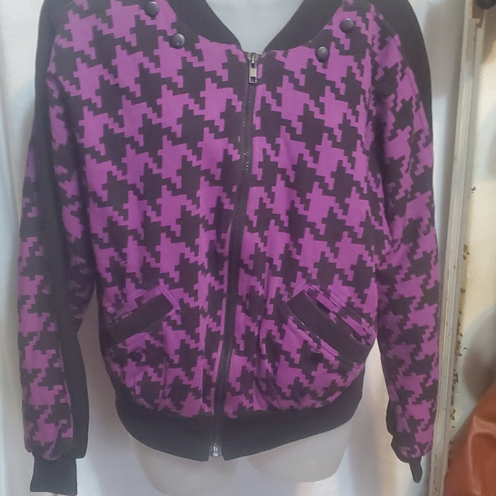 Lyse Spenard Purple Houndstooth Bomber Jacket Women M - photo 2