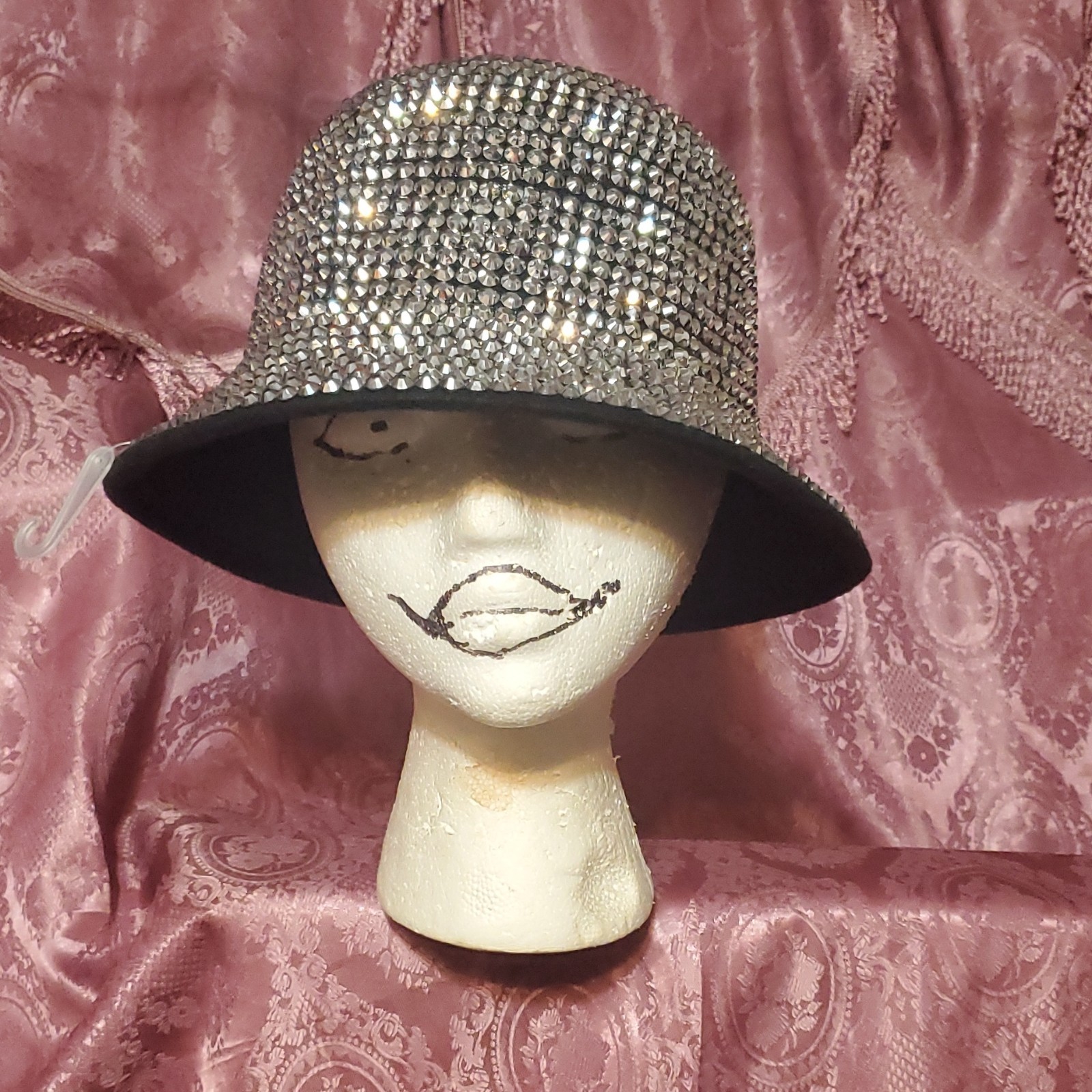 Silver Black Rhinestone Felt Women's Bucket Hat XL