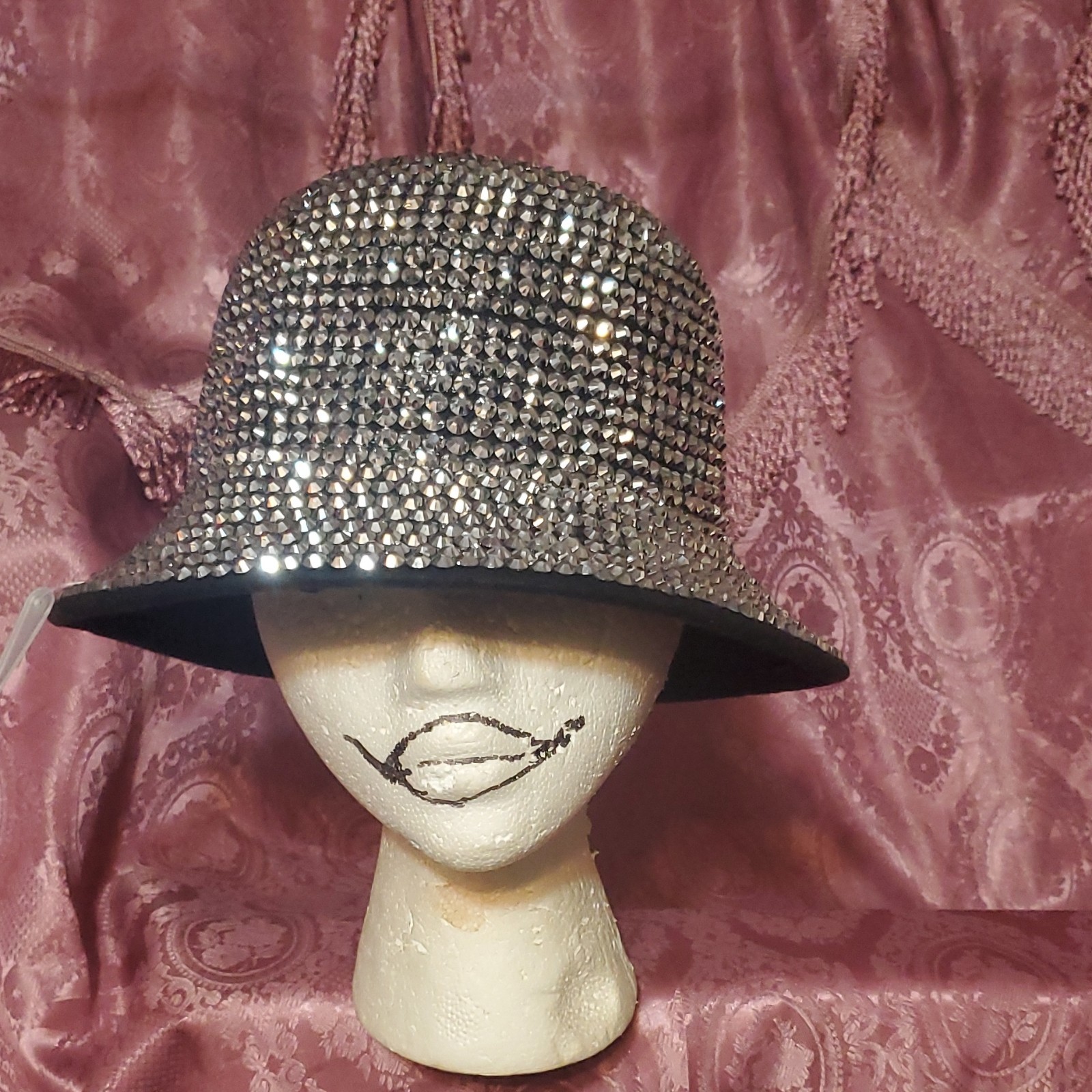 Silver Black Rhinestone Felt Women's Bucket Hat XL - photo 2
