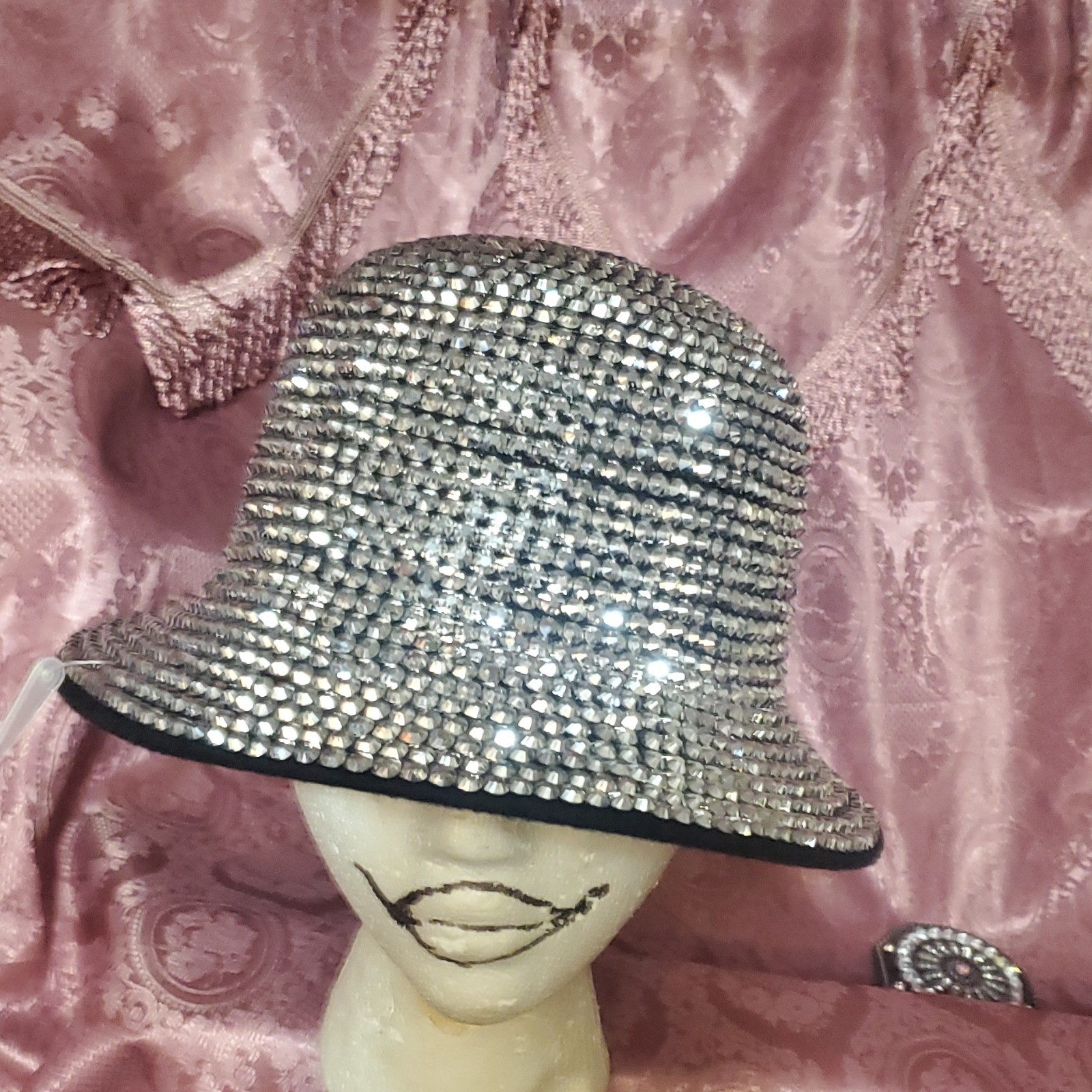 Silver Black Rhinestone Felt Women's Bucket Hat XL - photo 3