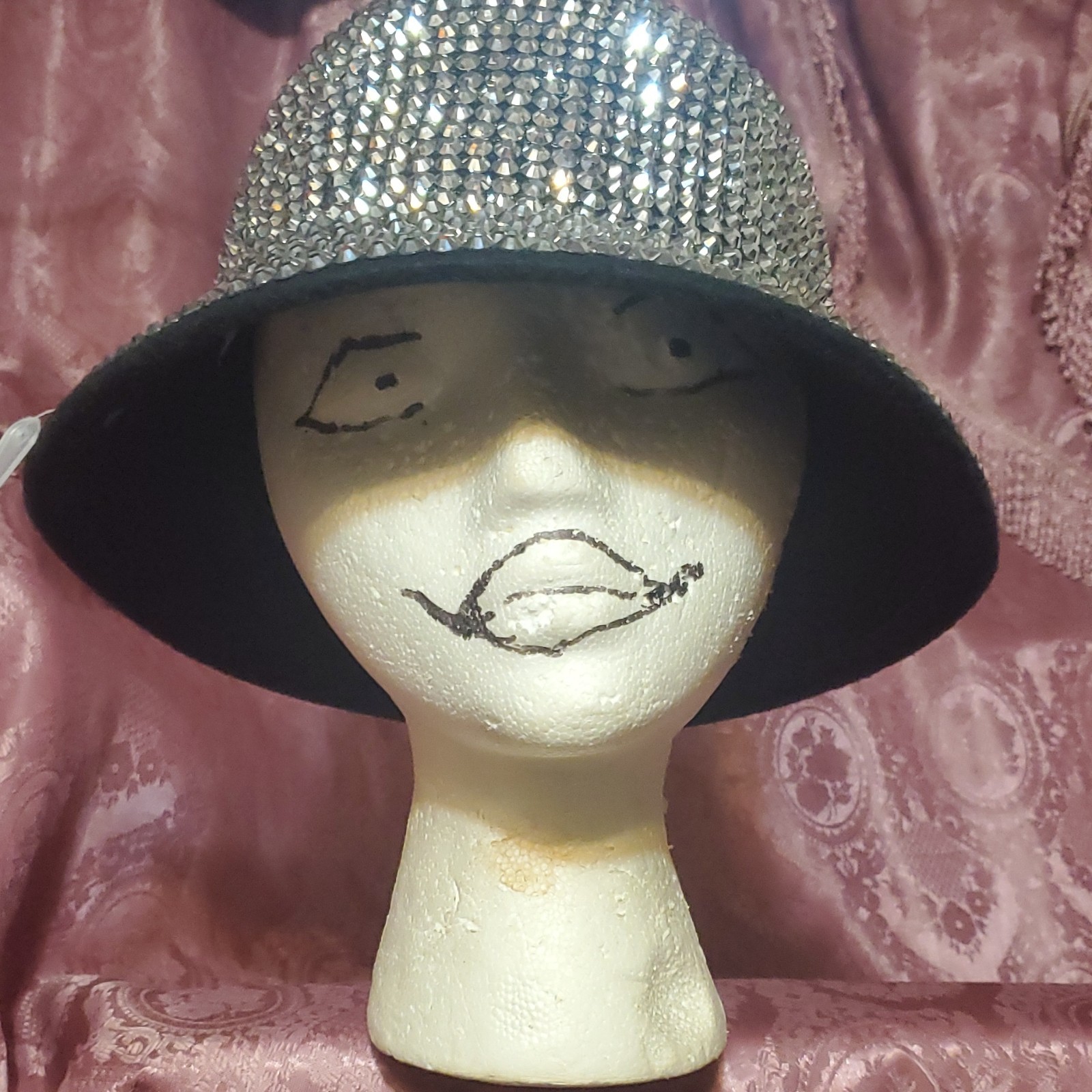 Silver Black Rhinestone Felt Women's Bucket Hat XL - photo 4