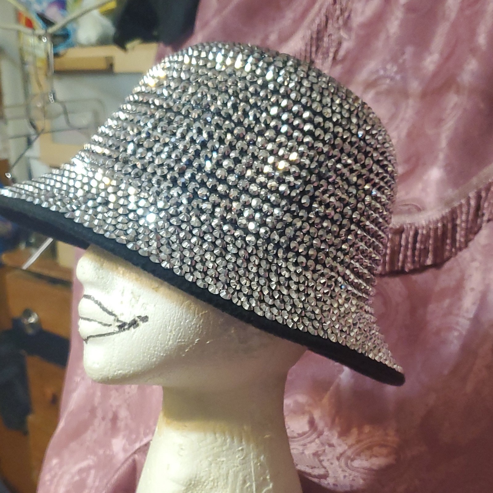 Silver Black Rhinestone Felt Women's Bucket Hat XL - photo 5