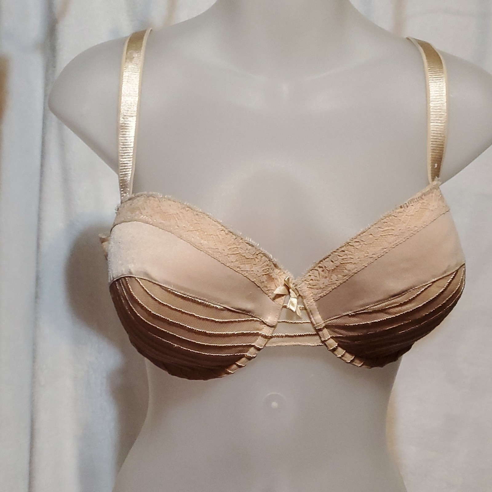 Beige Brown Lace Underwire Balconette Bra 42C