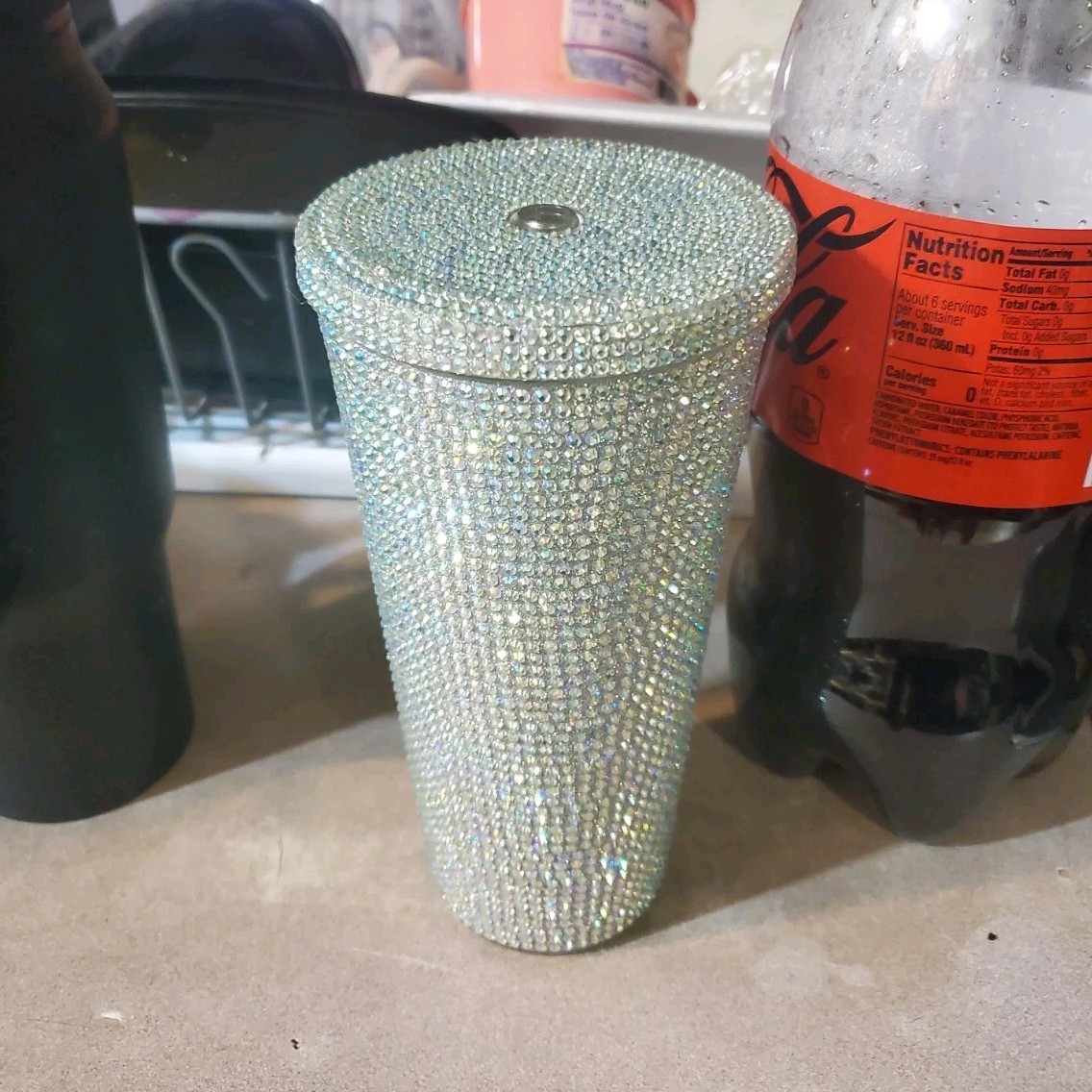 Silver Rhinestone Decorated Plastic Tumbler With Lid