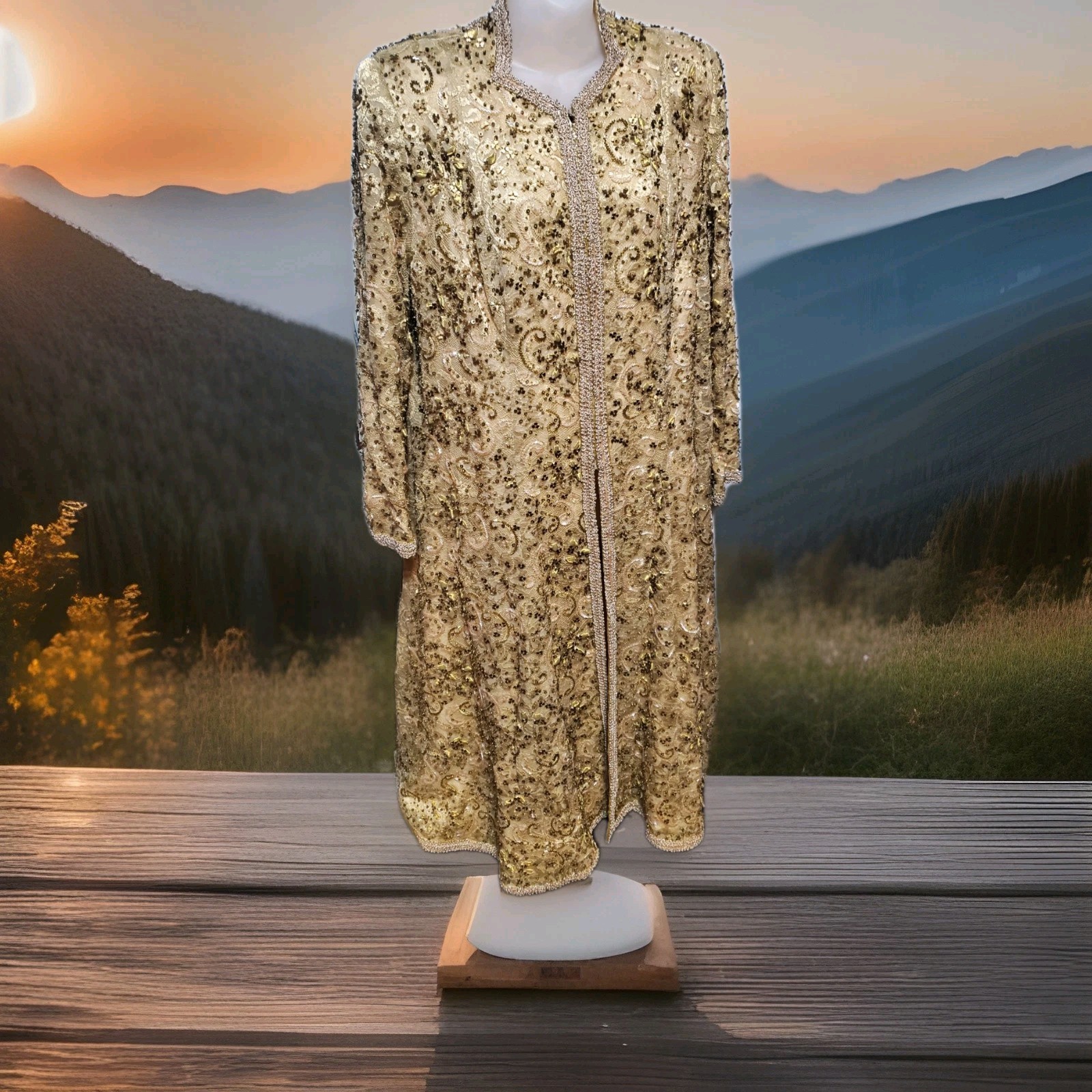 Gold Beaded Embroidered Sequin Paisley Long Coat - Women's Forma