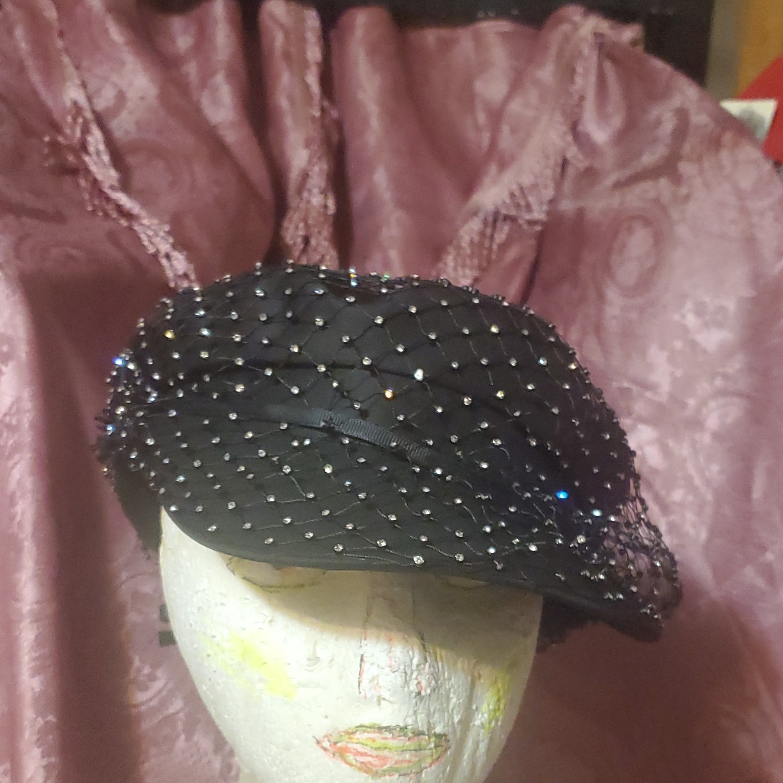 Vintage Black Formal Hat with Net and Rhinestone Embellishments