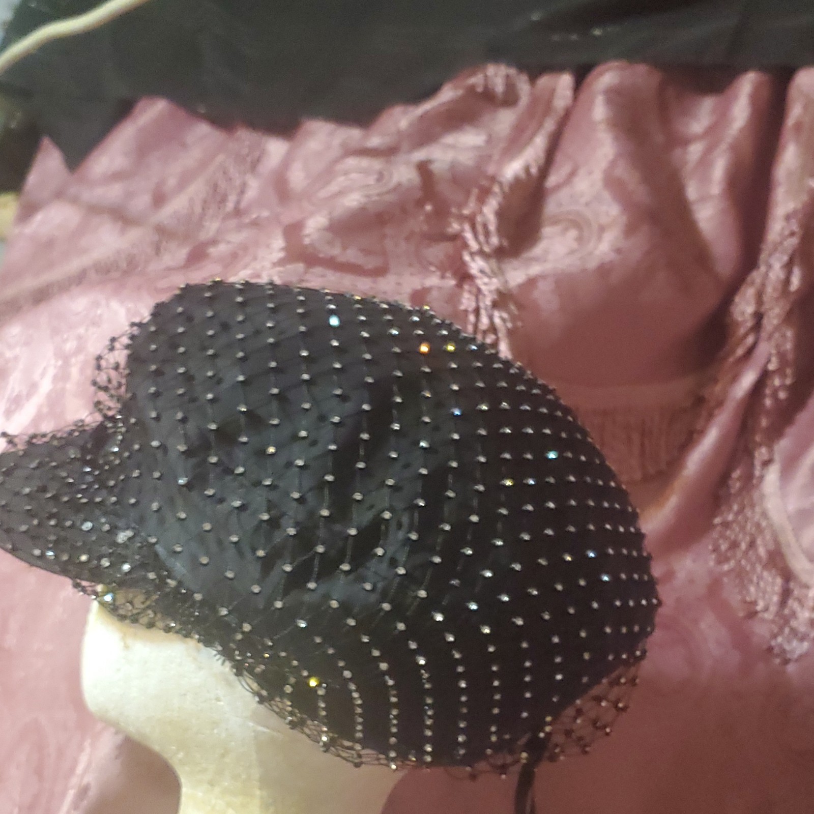 Vintage Black Formal Hat with Net and Rhinestone Embellishments - photo 2