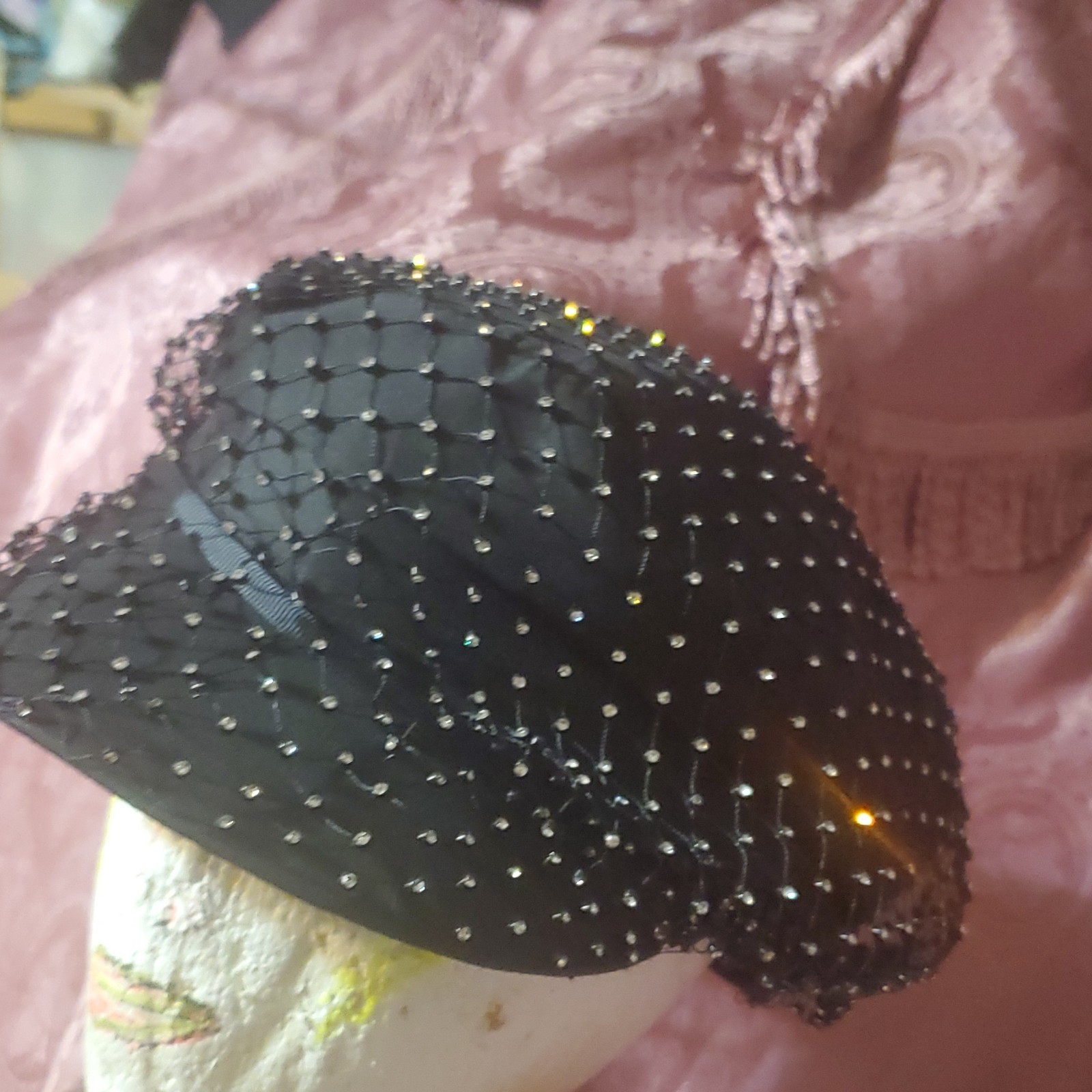 Vintage Black Formal Hat with Net and Rhinestone Embellishments - photo 3
