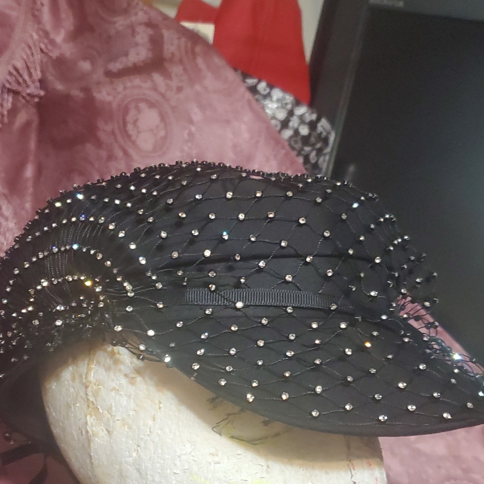 Vintage Black Formal Hat with Net and Rhinestone Embellishments - photo 4