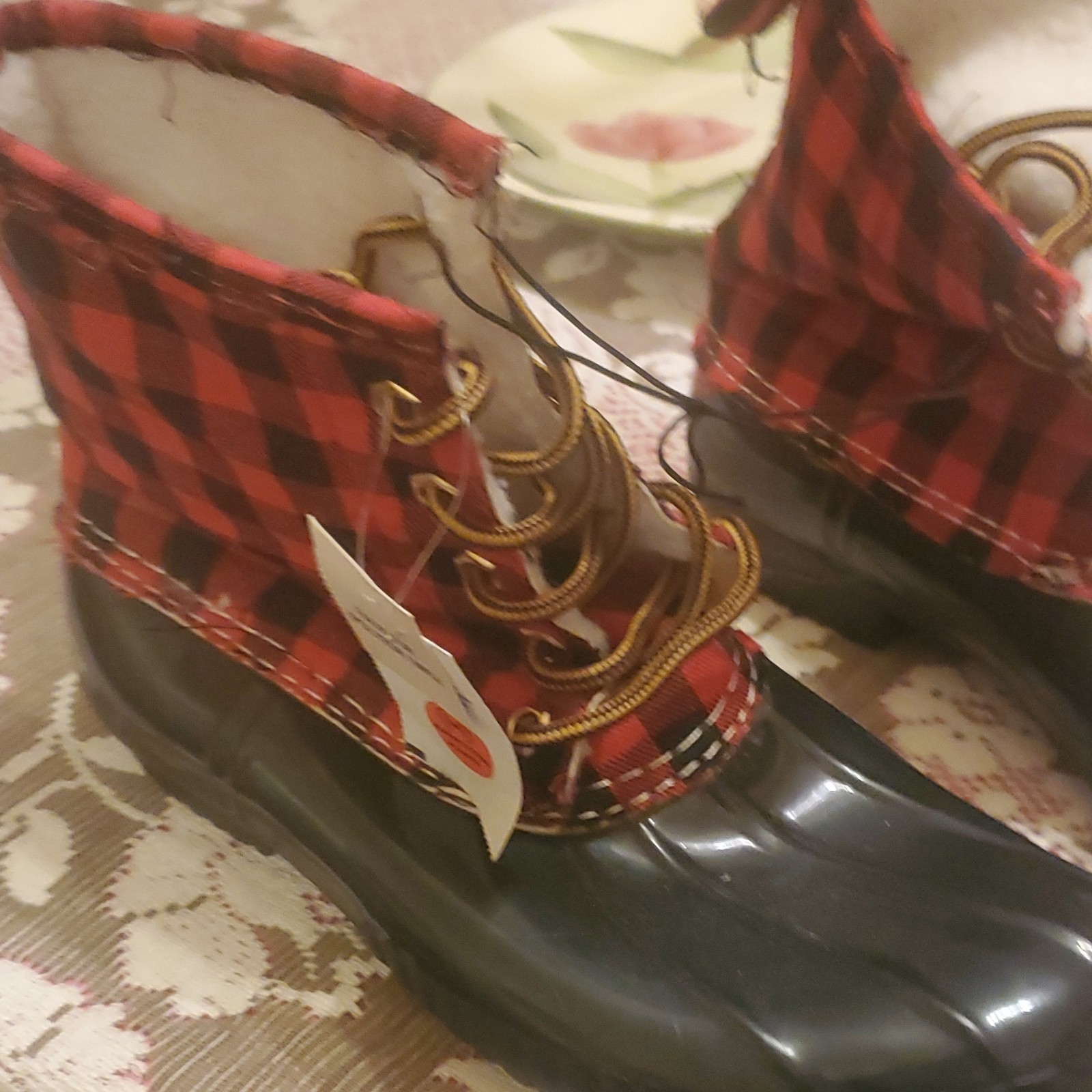 Red Black Plaid Duck Boots Unisex Kids Lace Up Ankle Winter Casu