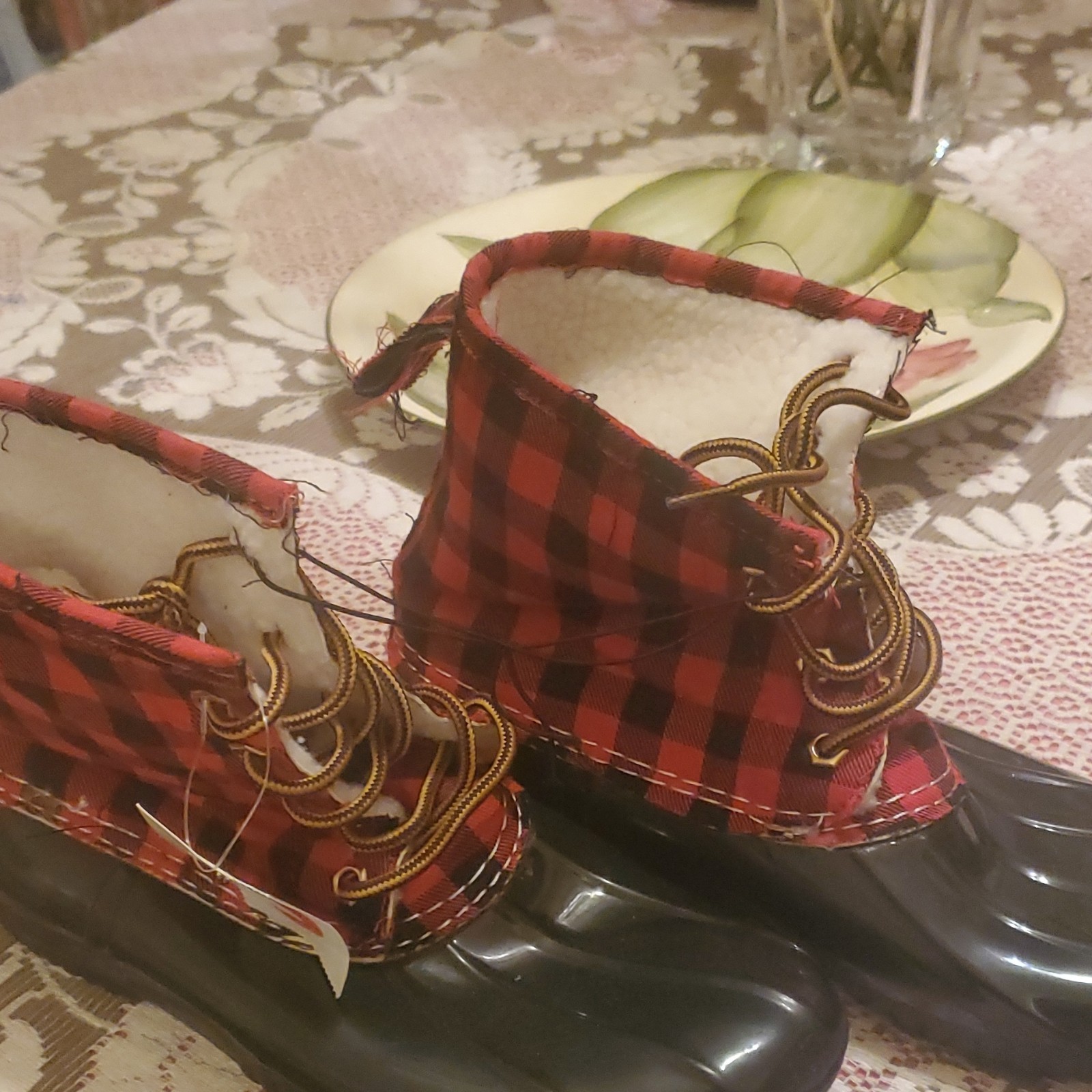 Red Black Plaid Duck Boots Unisex Kids Lace Up Ankle Winter Casu - photo 2