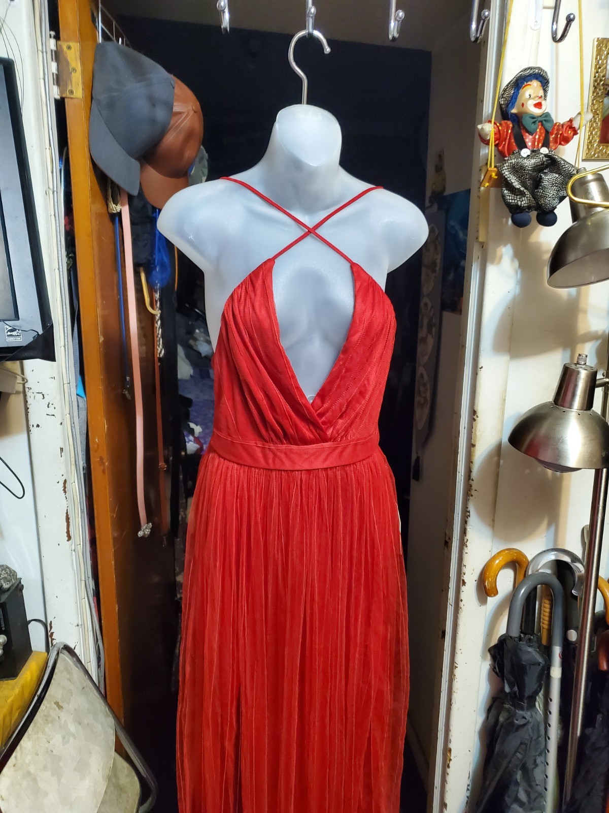 Lulus Red Mesh Pleated Long Gown Dress V-Neck Strappy Sleeveless