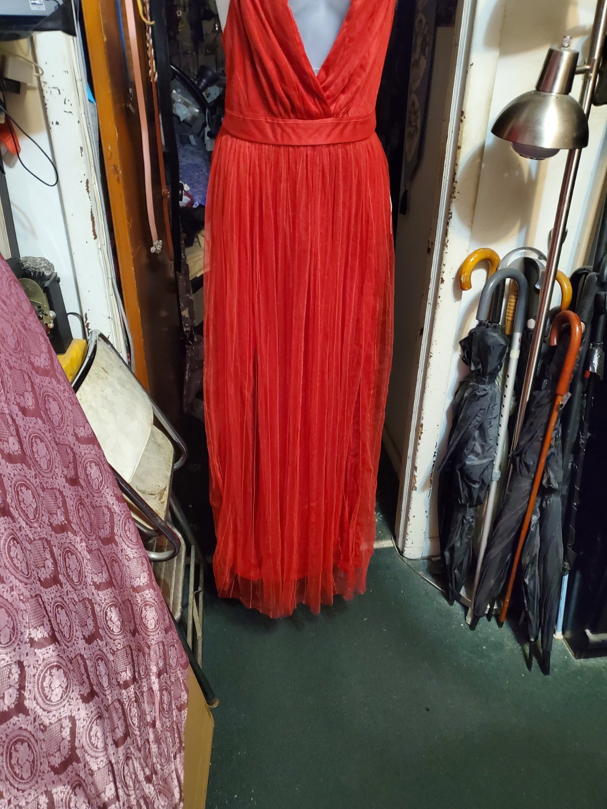 Lulus Red Mesh Pleated Long Gown Dress V-Neck Strappy Sleeveless - photo 4