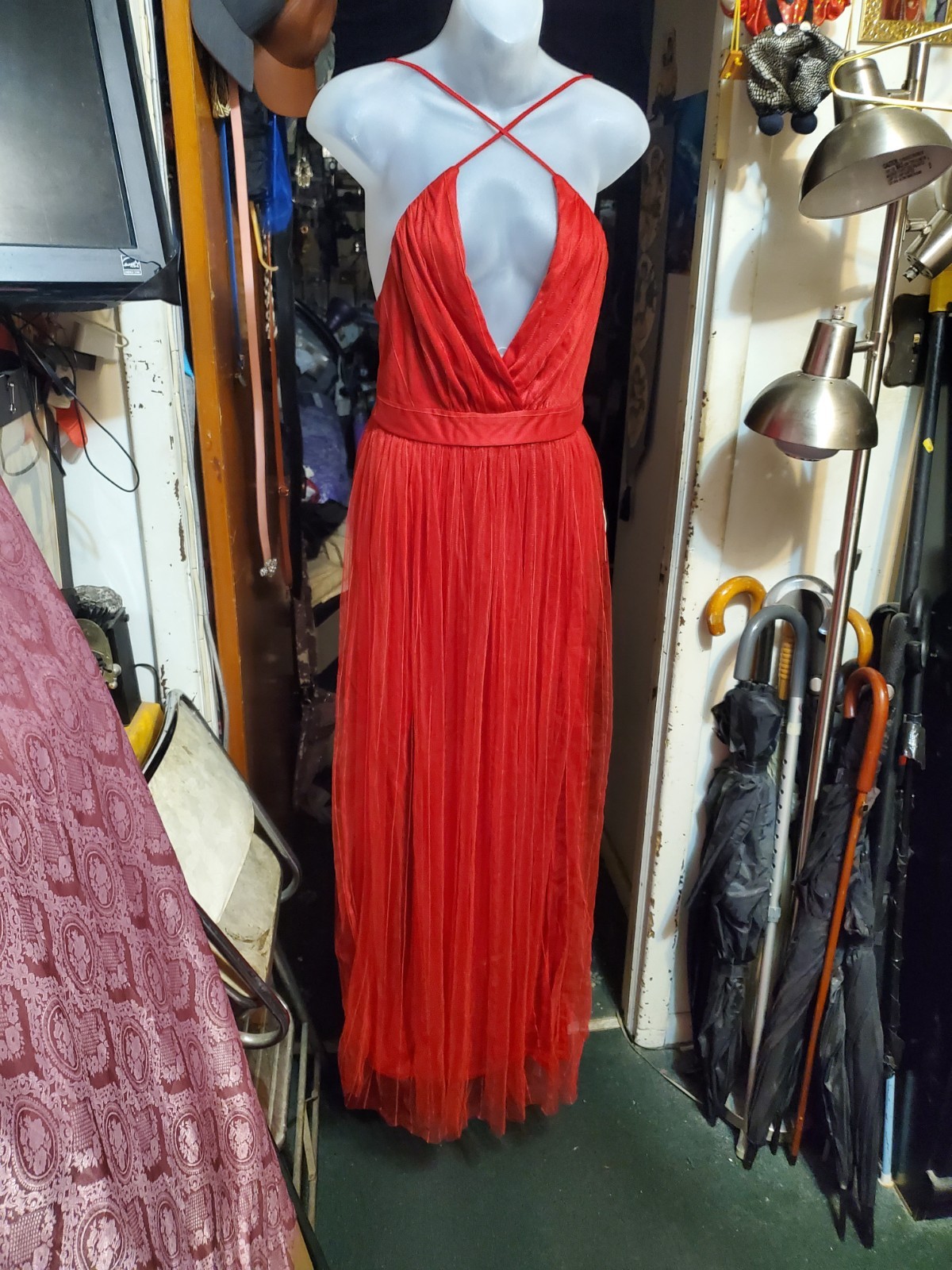 Lulus Red Mesh Pleated Long Gown Dress V-Neck Strappy Sleeveless - photo 5