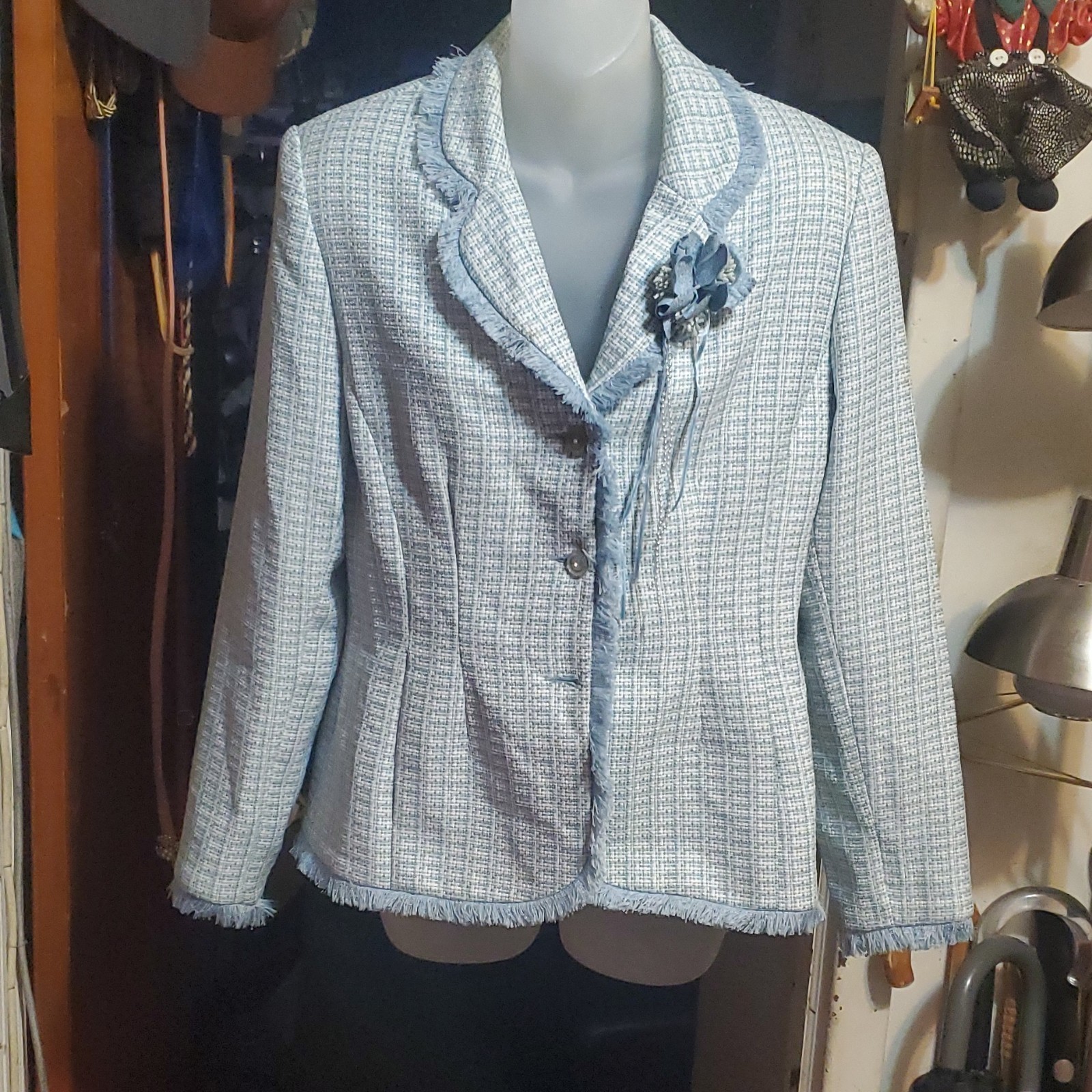 Custom Designed Blue Bouclé Fringe Suit Jacket Women's Size 10