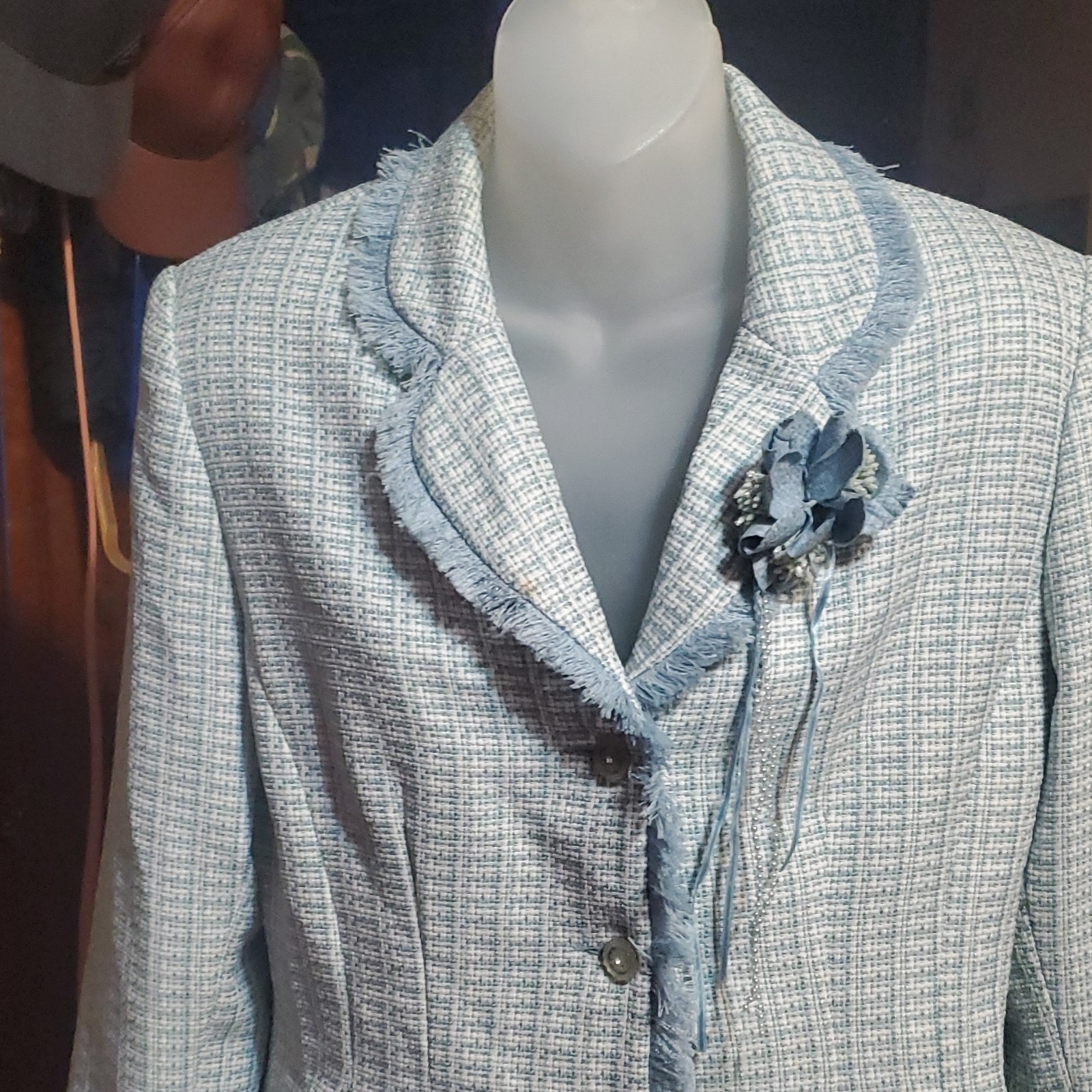 Custom Designed Blue Bouclé Fringe Suit Jacket Women's Size 10 - photo 2