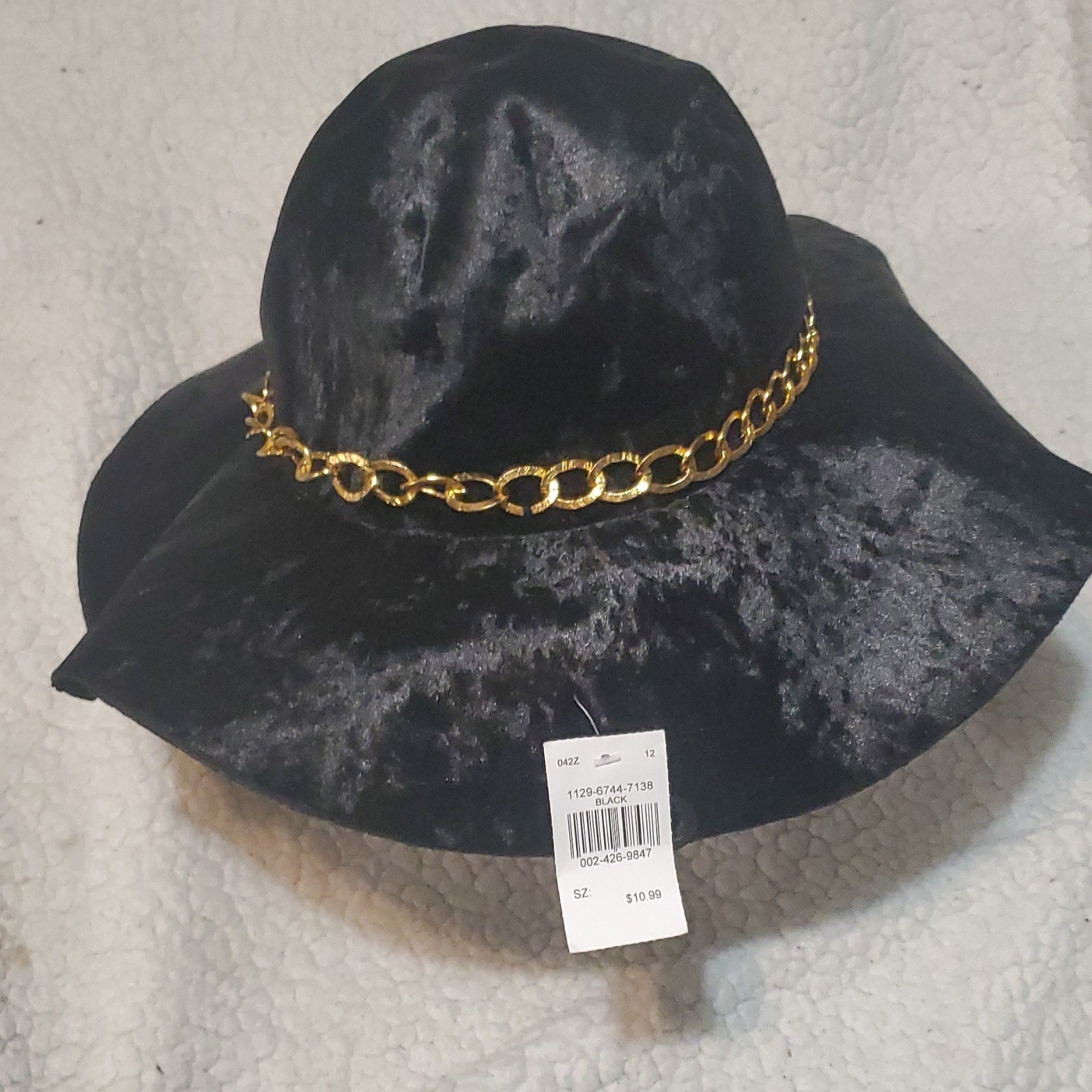 Black Velvet Wide Brim Women's Hat Gold Chain Accent