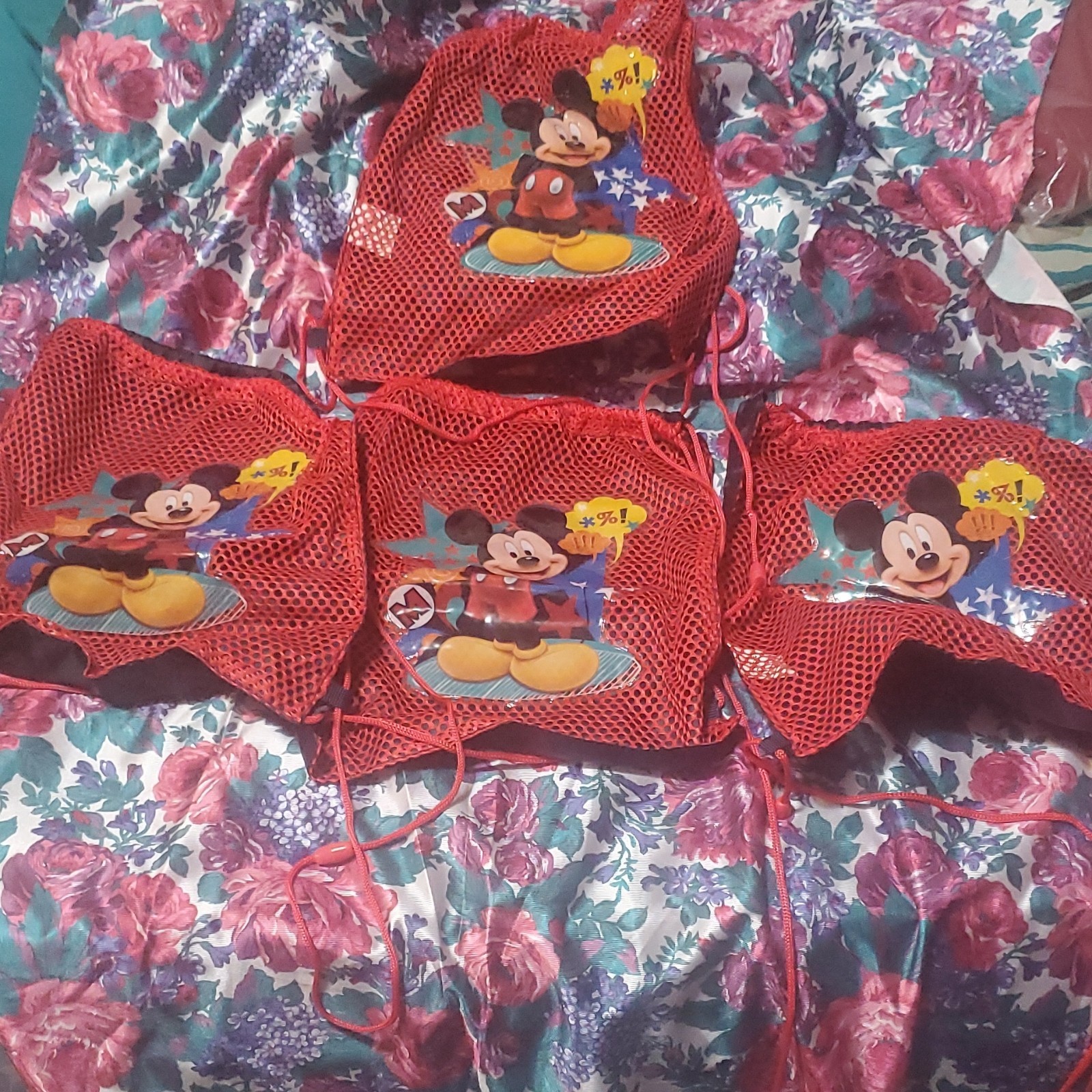 Disney Mickey Mouse Lot of 4 Red Mesh Drawstring Backpacks