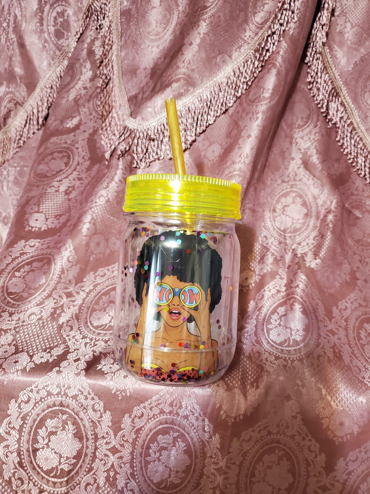 Clear Plastic Mason Jar with Yellow Lid, Straw, Glitter