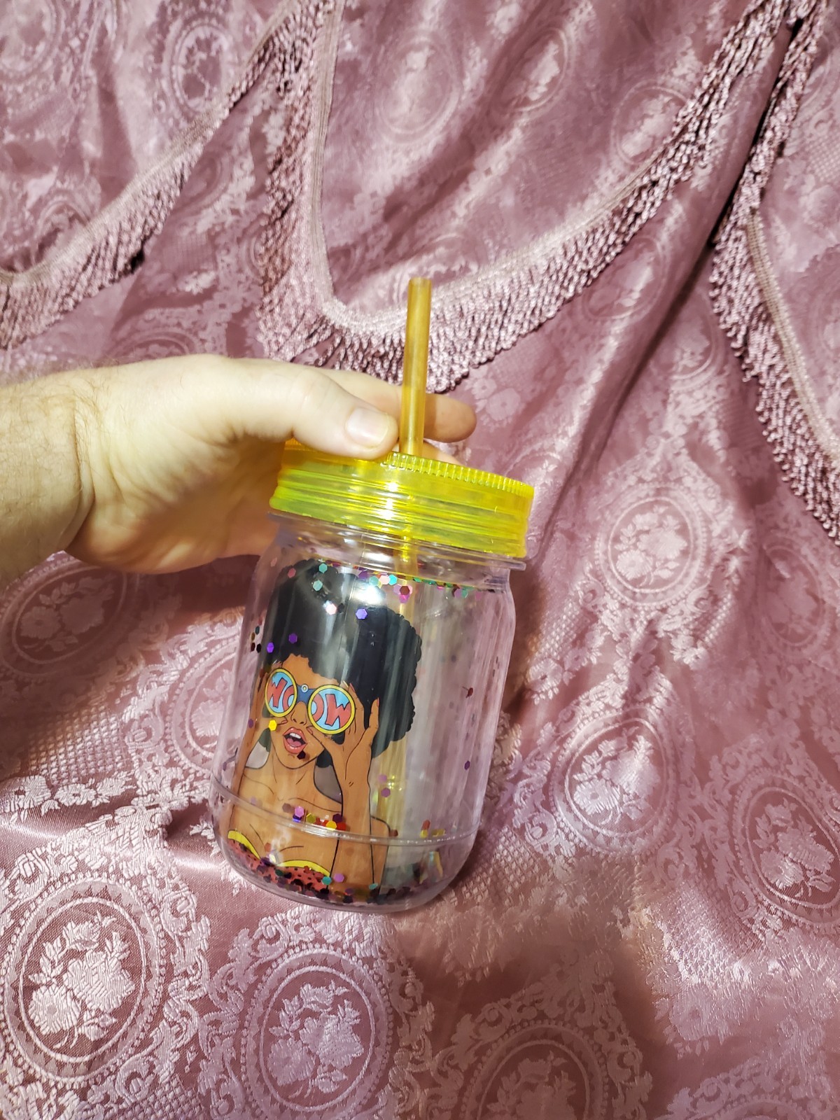 Clear Plastic Mason Jar with Yellow Lid, Straw, Glitter - photo 2